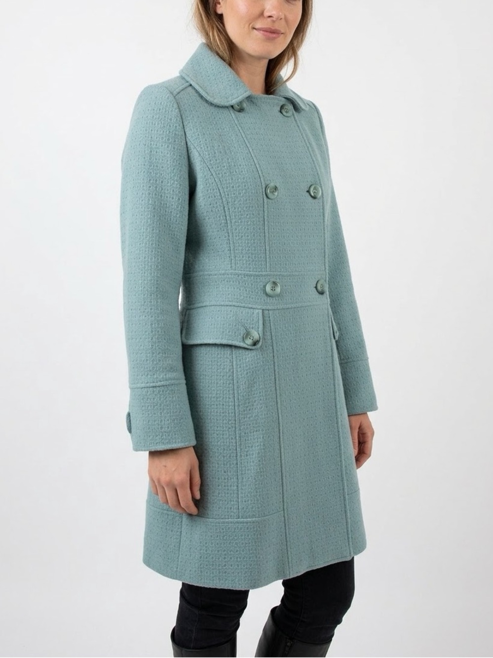 BUTTERFLY by Matthew Williamson Turquoise Blue Textured Double Breasted Coat.